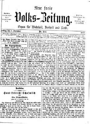 Neue freie Volks-Zeitung Dienstag 1. Dezember 1874