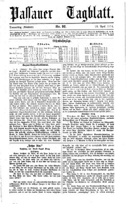 Passauer Tagblatt Donnerstag 23. April 1874