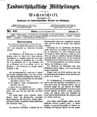 Landwirthschaftliche Mittheilungen Sonntag 20. Dezember 1874