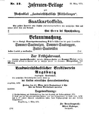 Landwirthschaftliche Mittheilungen Sonntag 22. März 1874