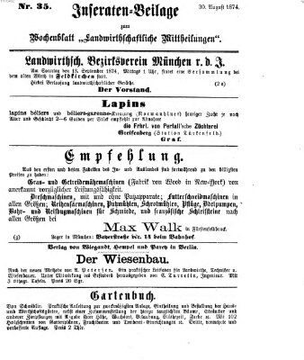 Landwirthschaftliche Mittheilungen Sonntag 30. August 1874