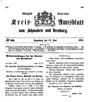 Königlich Bayerisches Kreis-Amtsblatt von Schwaben und Neuburg Samstag 13. Juni 1874