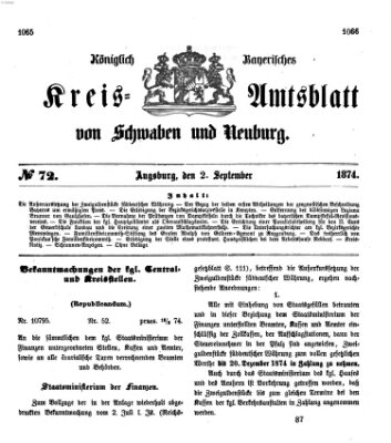 Königlich Bayerisches Kreis-Amtsblatt von Schwaben und Neuburg Mittwoch 2. September 1874