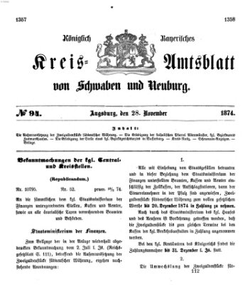 Königlich Bayerisches Kreis-Amtsblatt von Schwaben und Neuburg Samstag 28. November 1874