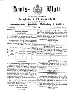 Amtsblatt für die Königlichen Bezirksämter Forchheim und Ebermannstadt sowie für die Königliche Stadt Forchheim Donnerstag 3. Dezember 1874