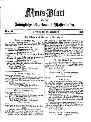 Amtsblatt für das Bezirksamt Pfaffenhofen Sonntag 29. November 1874