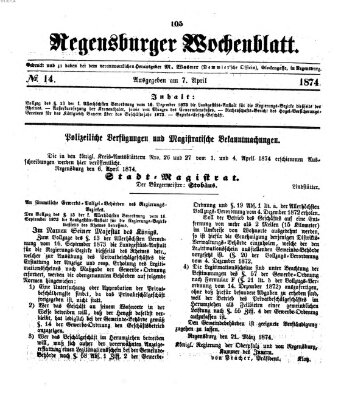 Regensburger Wochenblatt Dienstag 7. April 1874