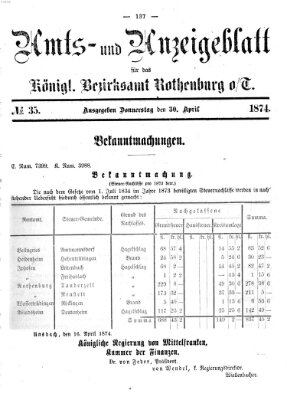 Amts- und Anzeigenblatt für das Königliche Bezirksamt Rothenburg o.T. (Amts- und Anzeigenblatt für die Stadt und das Königl. Bezirksamt Rothenburg) Donnerstag 30. April 1874