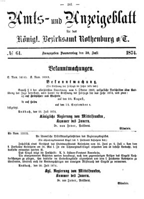 Amts- und Anzeigenblatt für das Königliche Bezirksamt Rothenburg o.T. (Amts- und Anzeigenblatt für die Stadt und das Königl. Bezirksamt Rothenburg) Donnerstag 30. Juli 1874