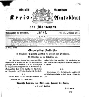 Königlich-bayerisches Kreis-Amtsblatt von Oberbayern (Münchner Intelligenzblatt) Freitag 16. Oktober 1874