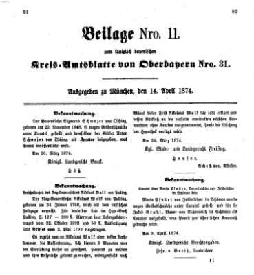 Königlich-bayerisches Kreis-Amtsblatt von Oberbayern (Münchner Intelligenzblatt) Dienstag 14. April 1874