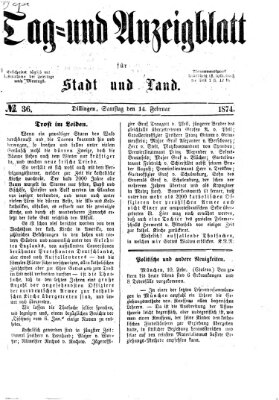 Tag- und Anzeigblatt für Stadt und Land (Tagblatt für die Städte Dillingen, Lauingen, Höchstädt, Wertingen und Gundelfingen) Samstag 14. Februar 1874