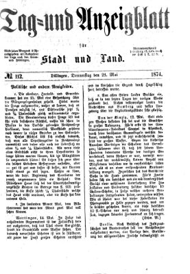 Tag- und Anzeigblatt für Stadt und Land (Tagblatt für die Städte Dillingen, Lauingen, Höchstädt, Wertingen und Gundelfingen) Donnerstag 21. Mai 1874