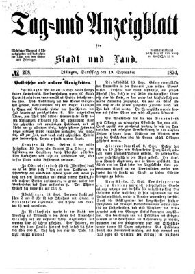Tag- und Anzeigblatt für Stadt und Land (Tagblatt für die Städte Dillingen, Lauingen, Höchstädt, Wertingen und Gundelfingen) Samstag 19. September 1874