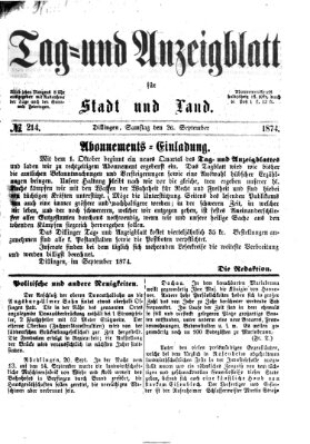 Tag- und Anzeigblatt für Stadt und Land (Tagblatt für die Städte Dillingen, Lauingen, Höchstädt, Wertingen und Gundelfingen) Samstag 26. September 1874