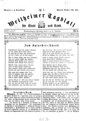 Weilheimer Tagblatt für Stadt und Land Freitag 2. Januar 1874