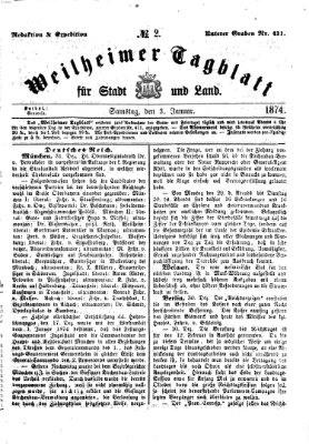 Weilheimer Tagblatt für Stadt und Land Samstag 3. Januar 1874