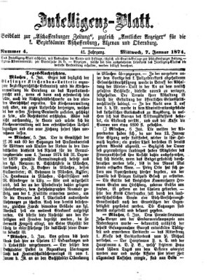 Aschaffenburger Zeitung. Intelligenz-Blatt : Beiblatt zur Aschaffenburger Zeitung ; zugleich amtlicher Anzeiger für die K. Bezirksämter Aschaffenburg, Alzenau und Obernburg (Aschaffenburger Zeitung) Mittwoch 7. Januar 1874