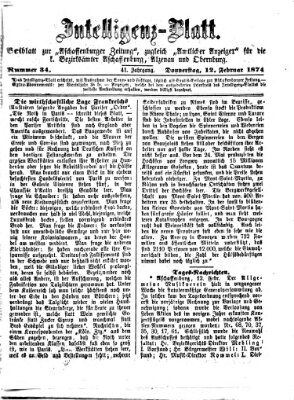 Aschaffenburger Zeitung. Intelligenz-Blatt : Beiblatt zur Aschaffenburger Zeitung ; zugleich amtlicher Anzeiger für die K. Bezirksämter Aschaffenburg, Alzenau und Obernburg (Aschaffenburger Zeitung) Donnerstag 12. Februar 1874