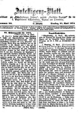 Aschaffenburger Zeitung. Intelligenz-Blatt : Beiblatt zur Aschaffenburger Zeitung ; zugleich amtlicher Anzeiger für die K. Bezirksämter Aschaffenburg, Alzenau und Obernburg (Aschaffenburger Zeitung) Dienstag 21. April 1874