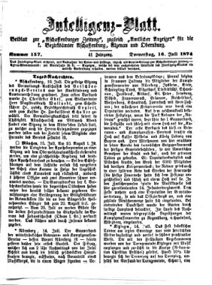 Aschaffenburger Zeitung. Intelligenz-Blatt : Beiblatt zur Aschaffenburger Zeitung ; zugleich amtlicher Anzeiger für die K. Bezirksämter Aschaffenburg, Alzenau und Obernburg (Aschaffenburger Zeitung) Donnerstag 16. Juli 1874