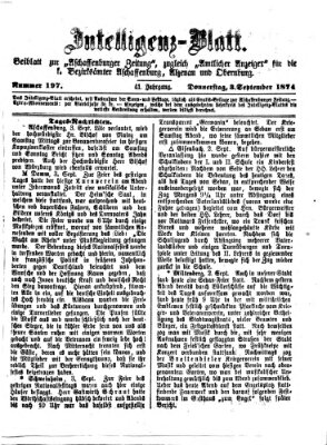 Aschaffenburger Zeitung. Intelligenz-Blatt : Beiblatt zur Aschaffenburger Zeitung ; zugleich amtlicher Anzeiger für die K. Bezirksämter Aschaffenburg, Alzenau und Obernburg (Aschaffenburger Zeitung) Donnerstag 3. September 1874