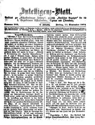 Aschaffenburger Zeitung. Intelligenz-Blatt : Beiblatt zur Aschaffenburger Zeitung ; zugleich amtlicher Anzeiger für die K. Bezirksämter Aschaffenburg, Alzenau und Obernburg (Aschaffenburger Zeitung) Freitag 11. September 1874