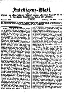 Aschaffenburger Zeitung. Intelligenz-Blatt : Beiblatt zur Aschaffenburger Zeitung ; zugleich amtlicher Anzeiger für die K. Bezirksämter Aschaffenburg, Alzenau und Obernburg (Aschaffenburger Zeitung) Samstag 26. September 1874