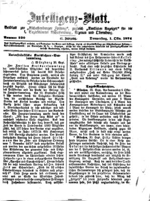 Aschaffenburger Zeitung. Intelligenz-Blatt : Beiblatt zur Aschaffenburger Zeitung ; zugleich amtlicher Anzeiger für die K. Bezirksämter Aschaffenburg, Alzenau und Obernburg (Aschaffenburger Zeitung) Donnerstag 1. Oktober 1874