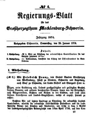 Regierungsblatt für Mecklenburg-Schwerin (Großherzoglich-Mecklenburg-Schwerinsches officielles Wochenblatt) Donnerstag 29. Januar 1874