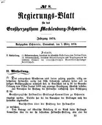 Regierungsblatt für Mecklenburg-Schwerin (Großherzoglich-Mecklenburg-Schwerinsches officielles Wochenblatt) Samstag 7. März 1874