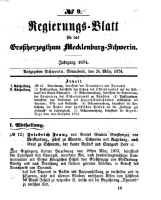 Regierungsblatt für Mecklenburg-Schwerin (Großherzoglich-Mecklenburg-Schwerinsches officielles Wochenblatt) Samstag 28. März 1874