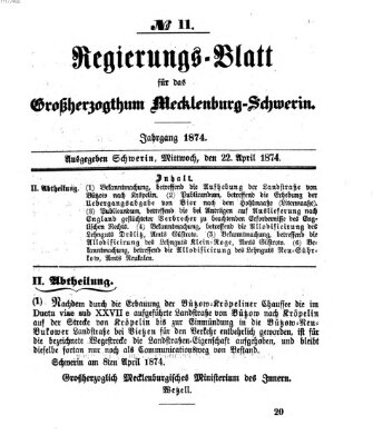 Regierungsblatt für Mecklenburg-Schwerin (Großherzoglich-Mecklenburg-Schwerinsches officielles Wochenblatt) Mittwoch 22. April 1874