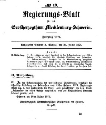 Regierungsblatt für Mecklenburg-Schwerin (Großherzoglich-Mecklenburg-Schwerinsches officielles Wochenblatt) Montag 27. Juli 1874