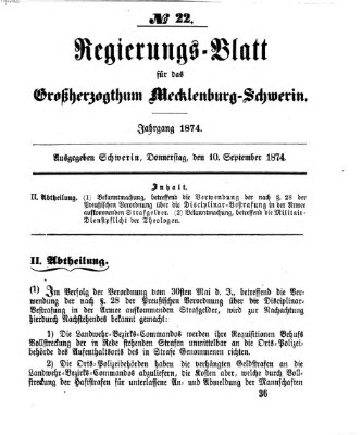 Regierungsblatt für Mecklenburg-Schwerin (Großherzoglich-Mecklenburg-Schwerinsches officielles Wochenblatt) Donnerstag 10. September 1874