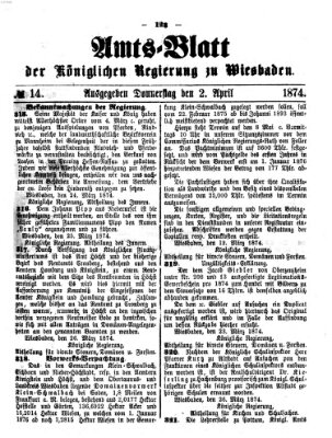 Amtsblatt der Regierung in Wiesbaden (Herzoglich-nassauisches allgemeines Intelligenzblatt) Donnerstag 2. April 1874