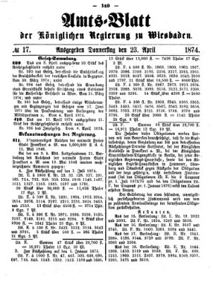 Amtsblatt der Regierung in Wiesbaden (Herzoglich-nassauisches allgemeines Intelligenzblatt) Donnerstag 23. April 1874