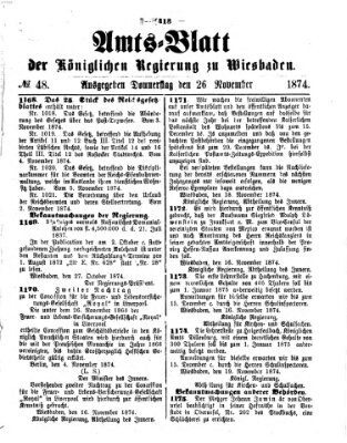 Amtsblatt der Regierung in Wiesbaden (Herzoglich-nassauisches allgemeines Intelligenzblatt) Donnerstag 26. November 1874