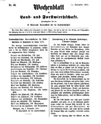 Wochenblatt für Land- und Forstwirthschaft Samstag 14. November 1874