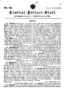 Zentralpolizeiblatt Donnerstag 9. April 1874