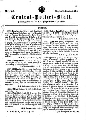 Zentralpolizeiblatt Donnerstag 10. Dezember 1874