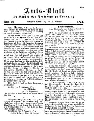 Amtsblatt für den Regierungsbezirk Arnsberg Samstag 14. November 1874