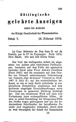 Göttingische gelehrte Anzeigen (Göttingische Zeitungen von gelehrten Sachen) Mittwoch 18. Februar 1874