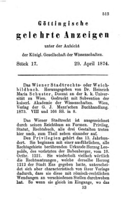 Göttingische gelehrte Anzeigen (Göttingische Zeitungen von gelehrten Sachen) Mittwoch 29. April 1874