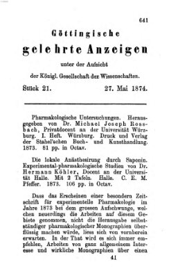 Göttingische gelehrte Anzeigen (Göttingische Zeitungen von gelehrten Sachen) Mittwoch 27. Mai 1874