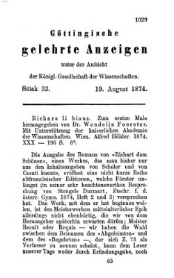 Göttingische gelehrte Anzeigen (Göttingische Zeitungen von gelehrten Sachen) Mittwoch 19. August 1874