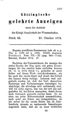 Göttingische gelehrte Anzeigen (Göttingische Zeitungen von gelehrten Sachen) Mittwoch 21. Oktober 1874