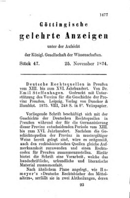 Göttingische gelehrte Anzeigen (Göttingische Zeitungen von gelehrten Sachen) Mittwoch 25. November 1874