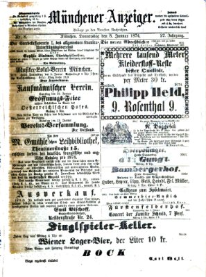 Münchener Anzeiger (Münchner neueste Nachrichten) Donnerstag 8. Januar 1874