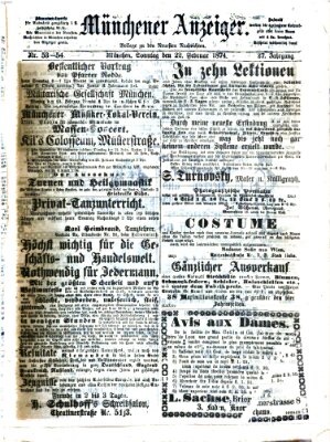 Münchener Anzeiger (Münchner neueste Nachrichten) Sonntag 22. Februar 1874